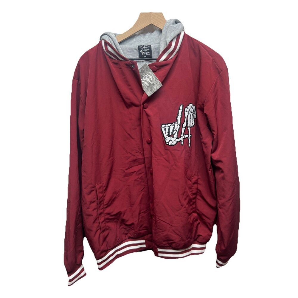 Red Hooded Bomber Jacket with Skeleton Hand Graphic